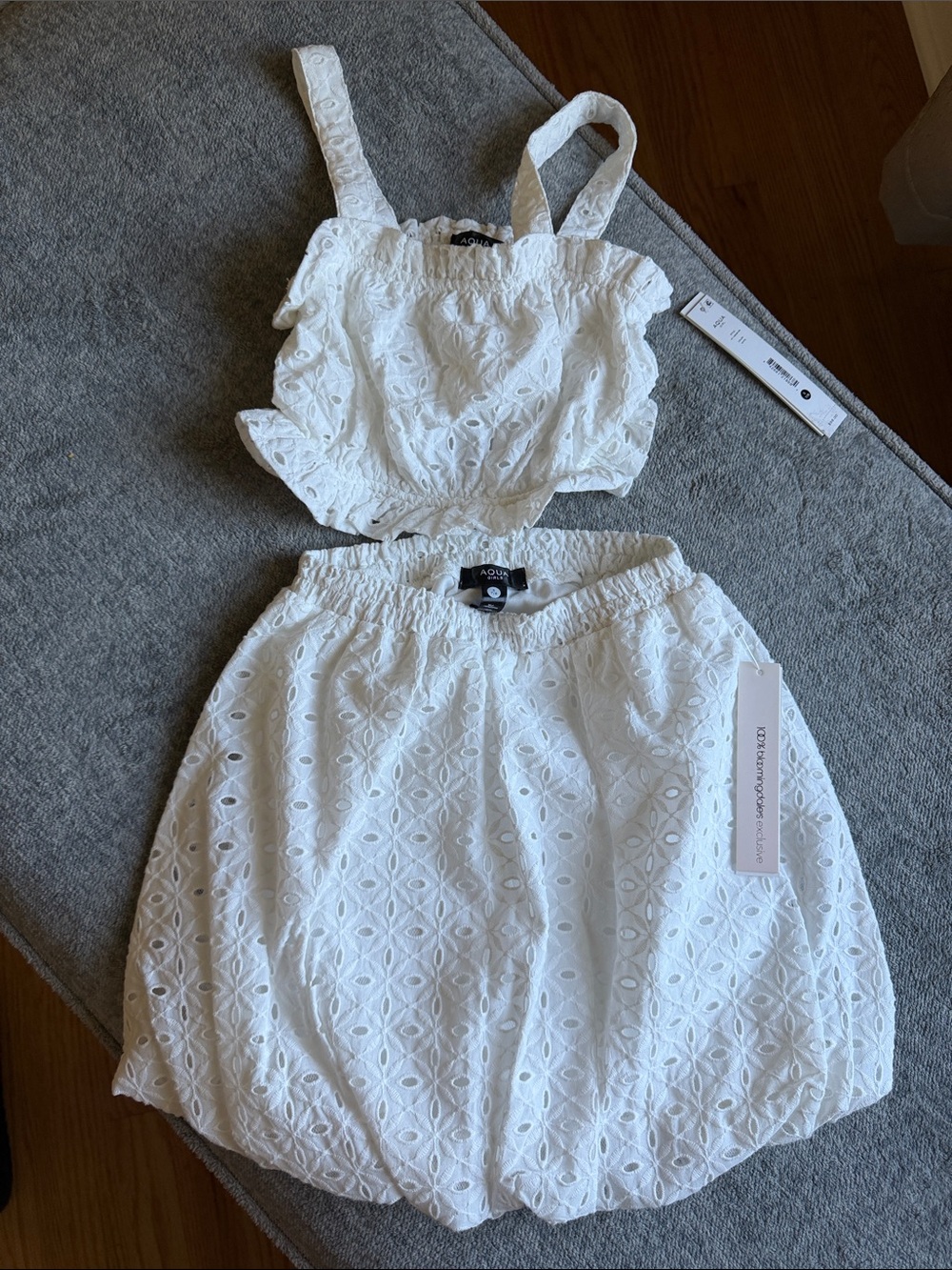 Aqua White Eyelet Two-Piece Crop Top and Skirt Set